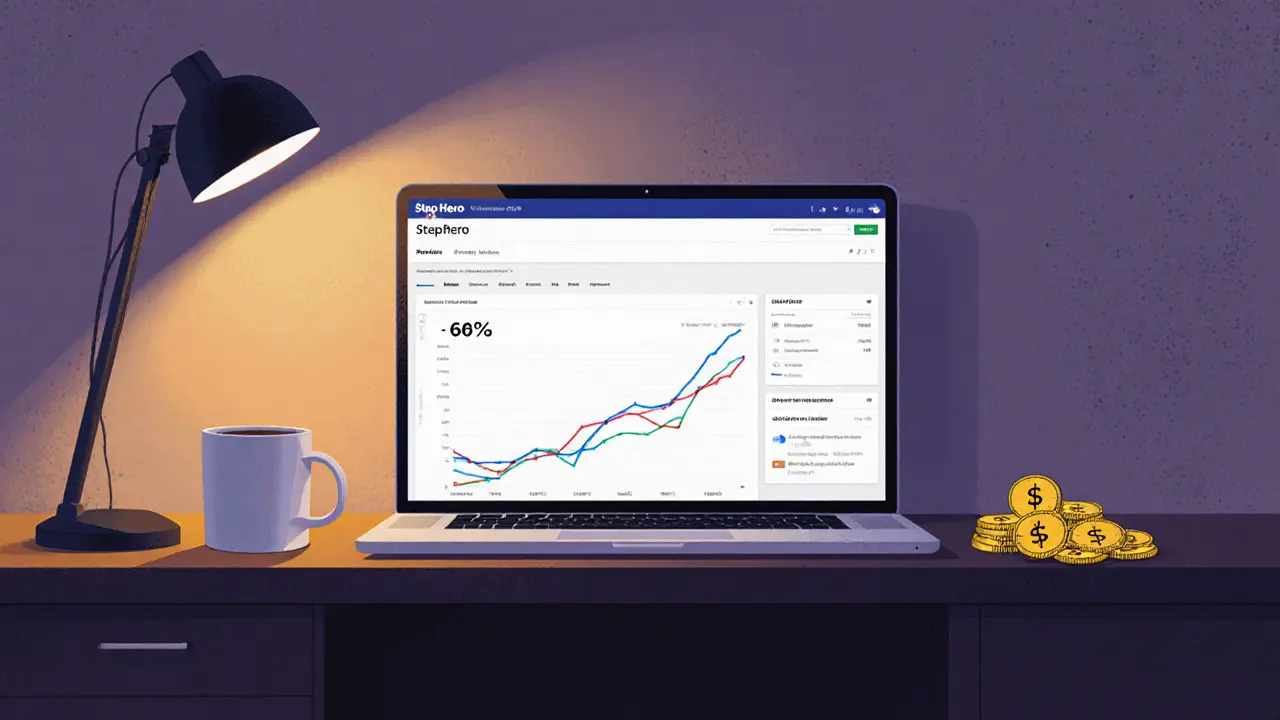 Empty desk with laptop showing Step Hero growth graph and $HERO tokens resting nearby