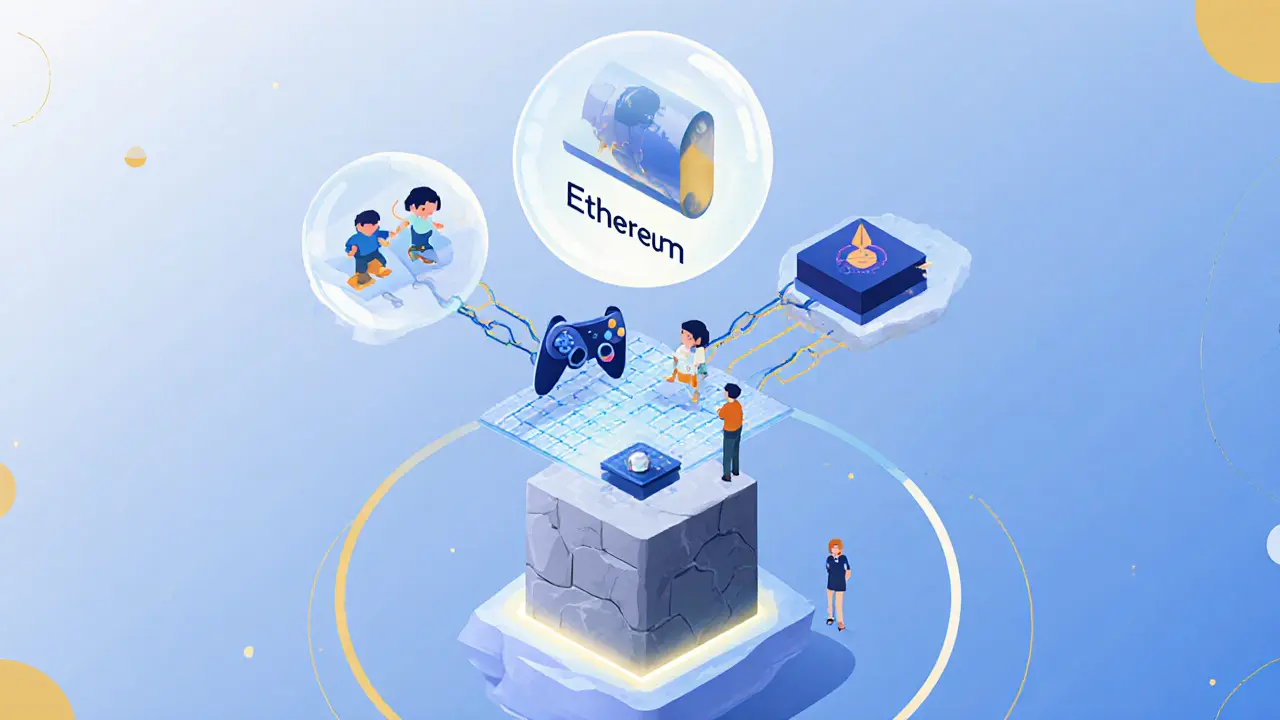 Ethereum as a base pillar supporting multiple modular blockchain layers for DeFi, gaming, and data.