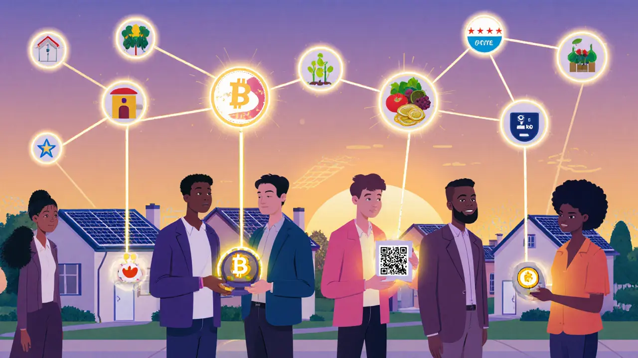 Neighbors exchange solar energy and track food origins through a connected community network.