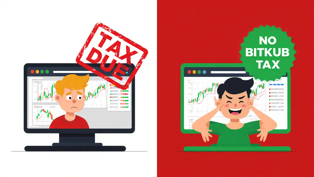 Split scene: one person paying tax on Binance, another paying no tax on Bitkub.