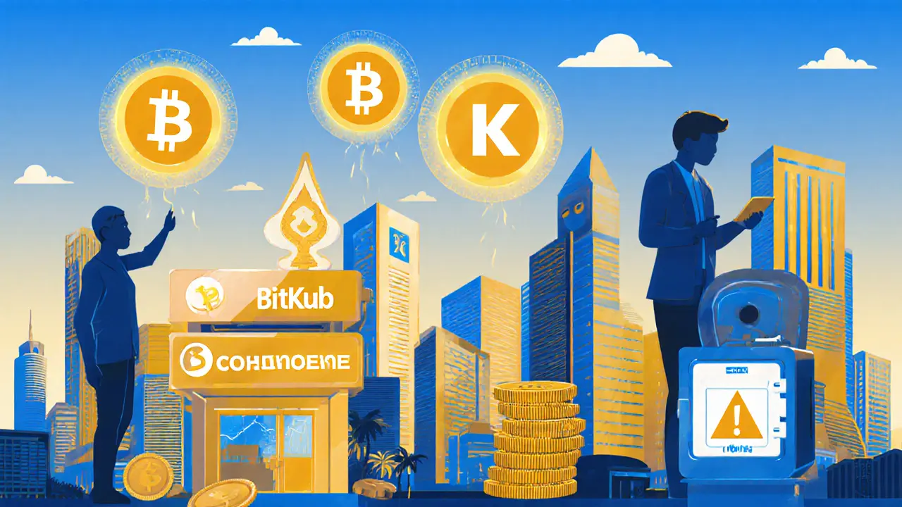 Thai city with crypto exchanges glowing as foreign companies pay 15% tax into a government vault.