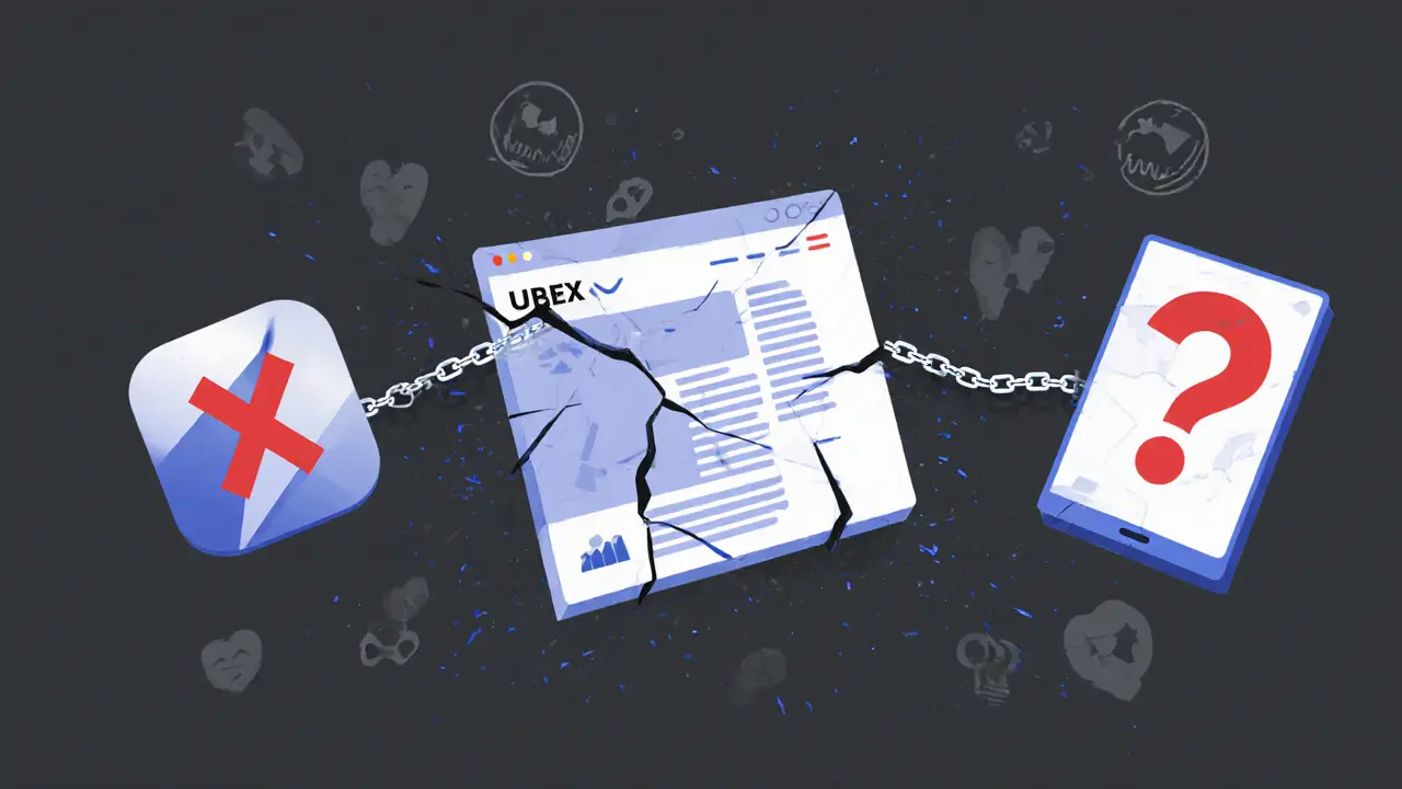 Three conflicting UBEX logos in a fractured triangle, with a red X over the app and a question mark over the website.
