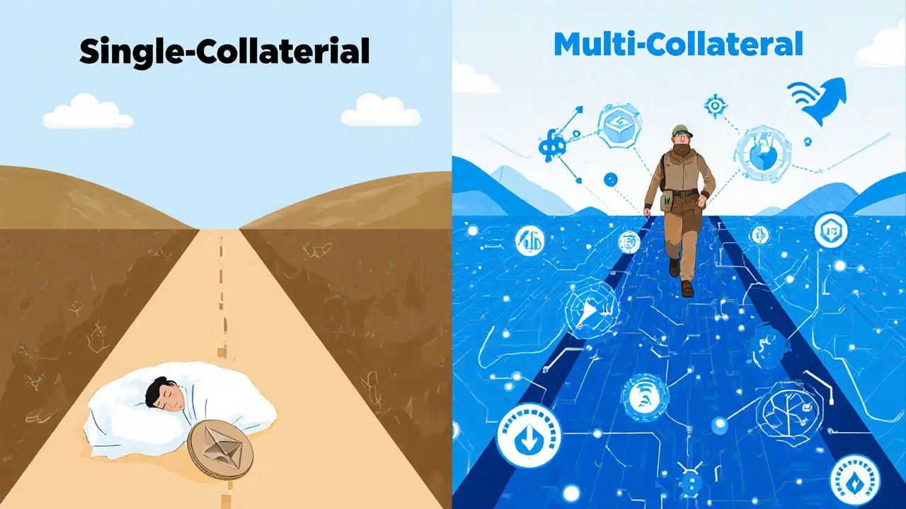 Two paths: simple single-collateral route vs complex multi-collateral journey with risk tools.