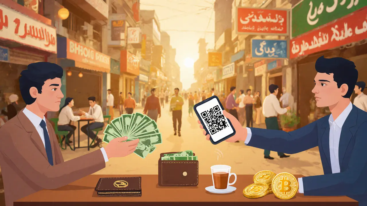 Two people trade cash for crypto via QR code in a Pakistani tea shop.