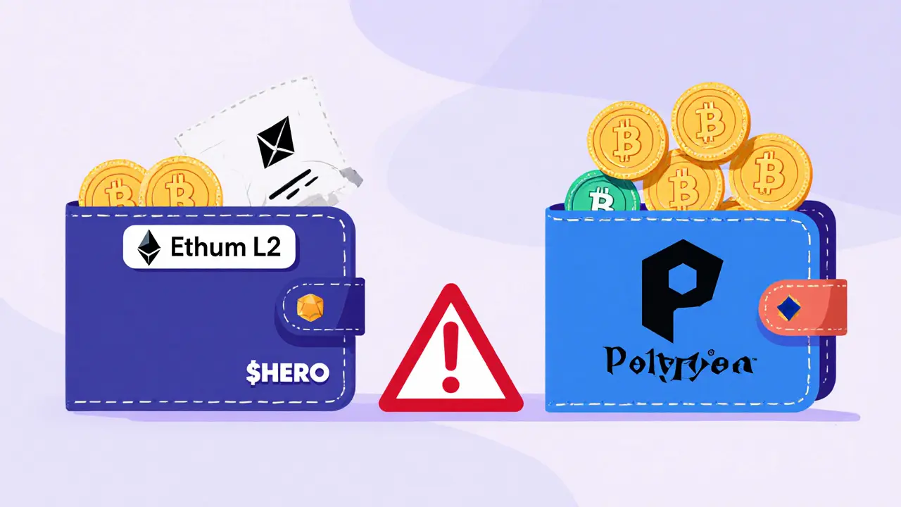 Two wallets side by side, one for Step Hero and one for Onchain Heroes, with warning symbol between