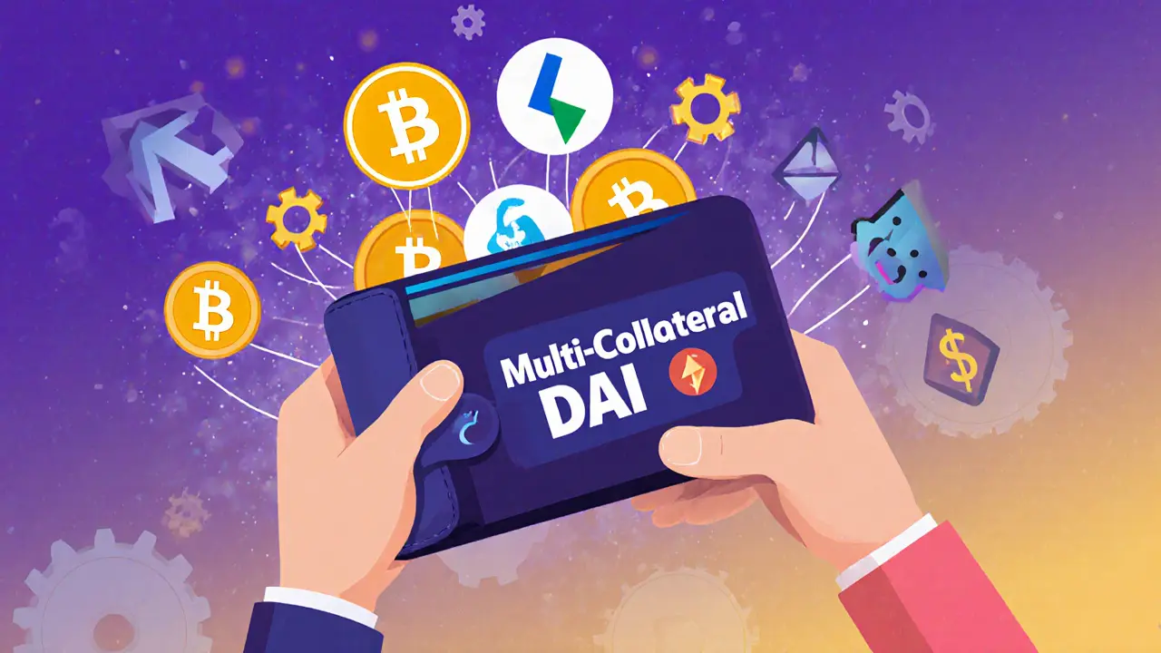 Wallet with multiple crypto assets flowing into a multi-collateral vault generating DAI.