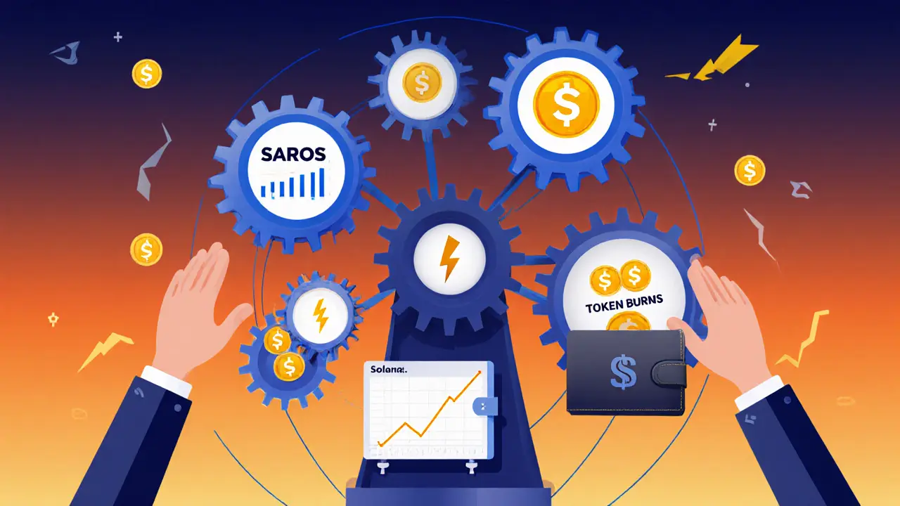 A gear system of SAROS tokens driving token burns and price growth, with whale hands adding supply.