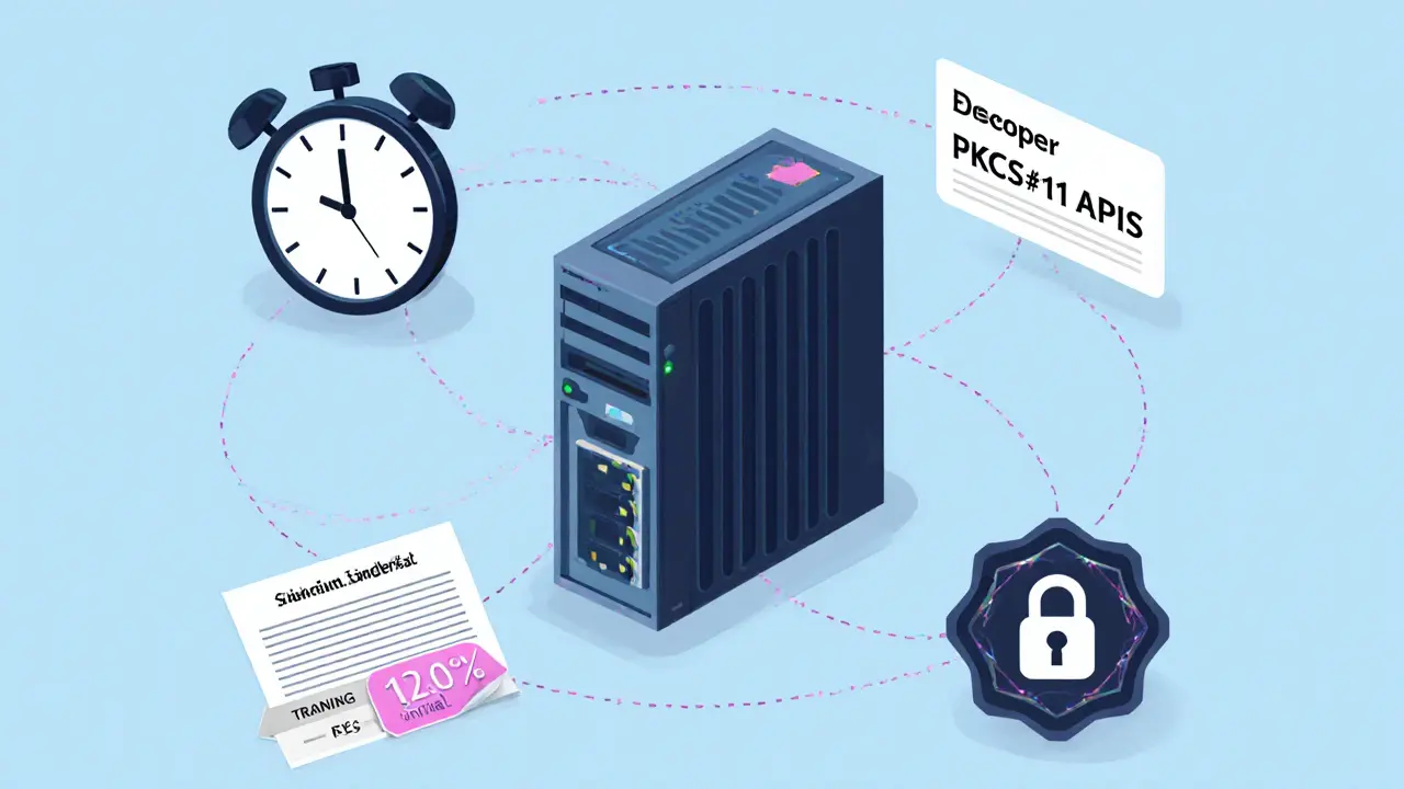 A hardware security module surrounded by hidden costs like training hours, support fees, and quantum protection.