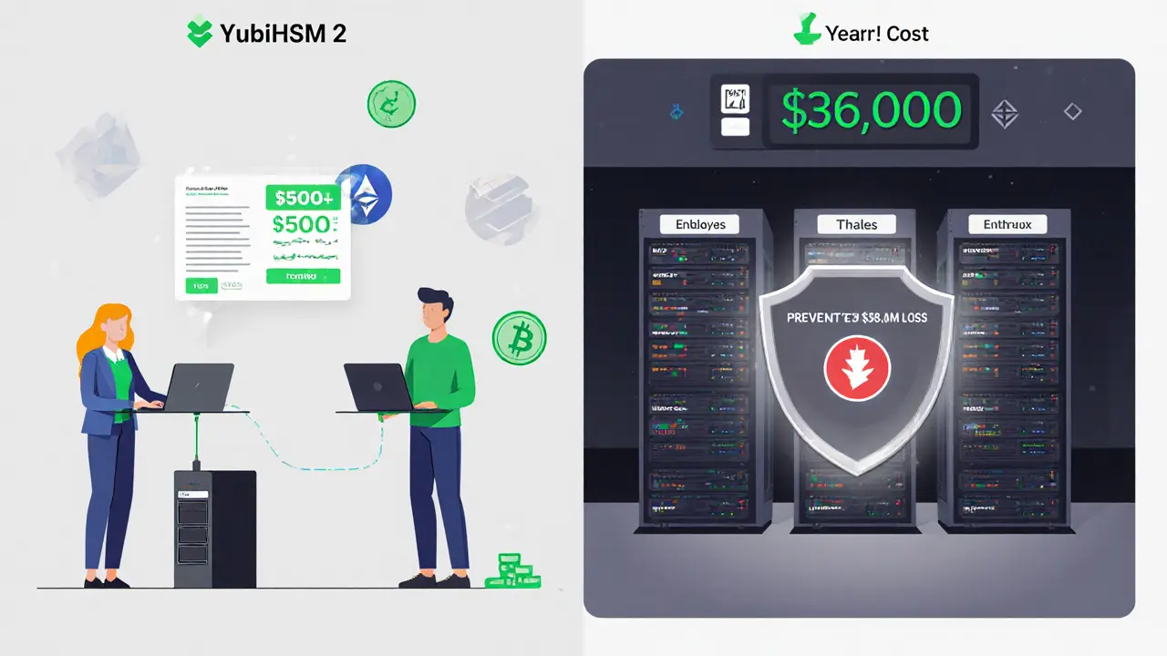 Comparison of cloud HSM costs for startups versus enterprise HSMs preventing millions in losses.