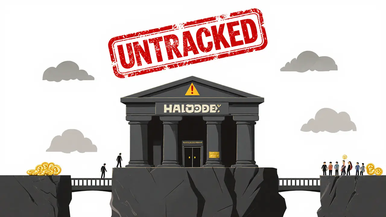 Isolated HaloDeX building on a cliff with no connections to other exchanges, under a giant &#039;UNTRACKED&#039; stamp.