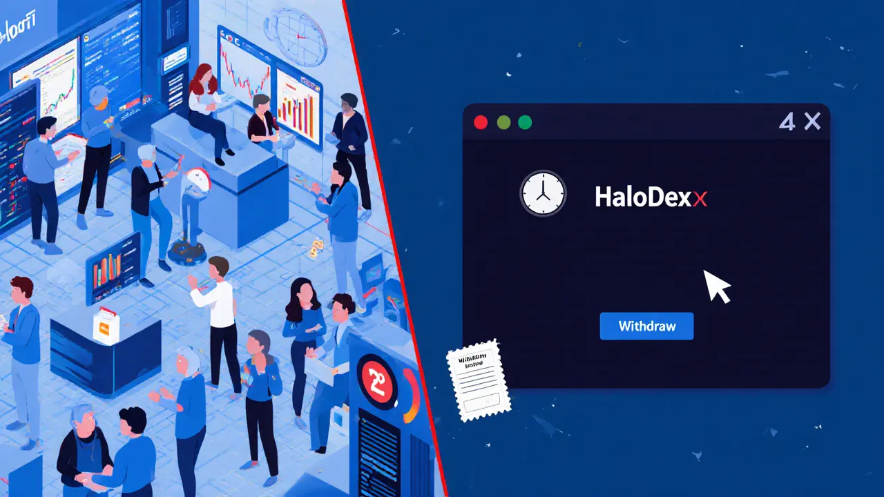 Split-screen: modern trading apps on one side, empty HaloDeX browser with 72-hour support clock on the other.