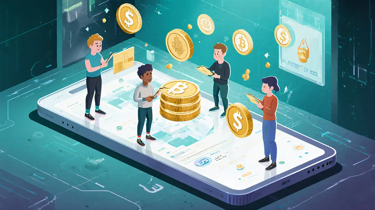 Three users interacting with a single DeFi interface to trade, mint NFTs, and stake tokens simultaneously.