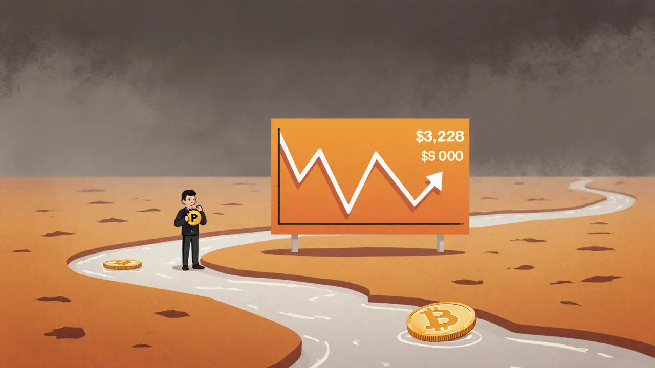 A declining crypto chart surrounded by empty liquidity pools and a lone confused user.