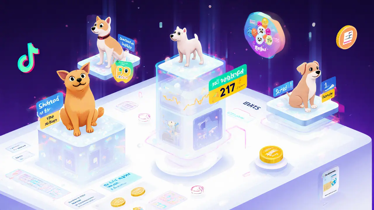 A digital marketplace with pet NFTs displaying activity histories, trading with tokens and subtle branded ads.