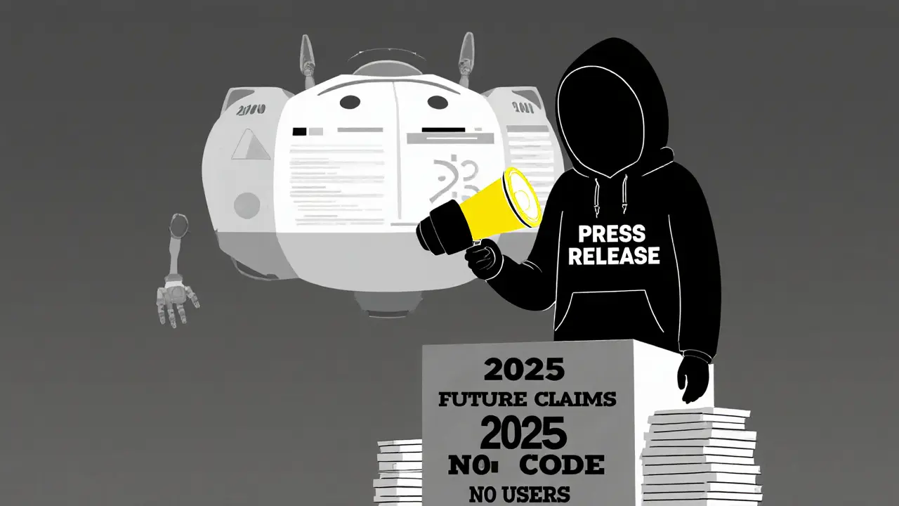 An anonymous figure promotes fake future claims while a hollow AI agent hovers above an empty dashboard.