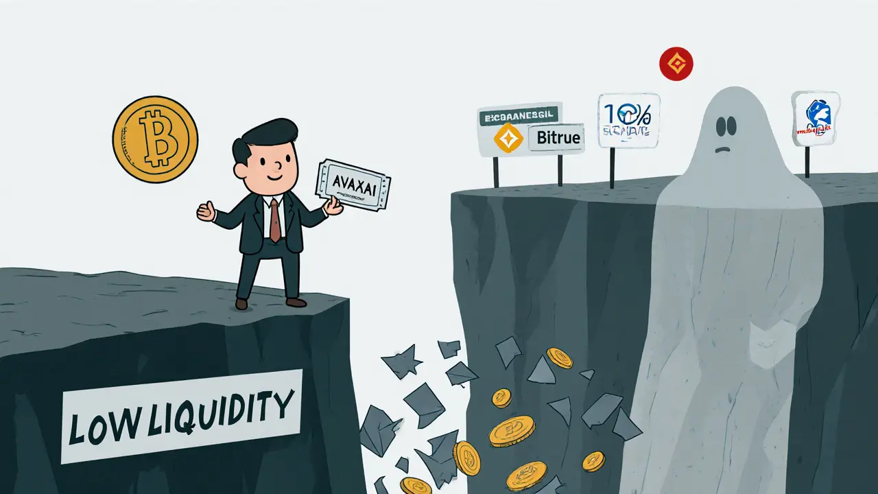 An investor stands at a cliff labeled &#039;Low Liquidity&#039;, dropping AVAXAI tokens into a chasm of falling coins.