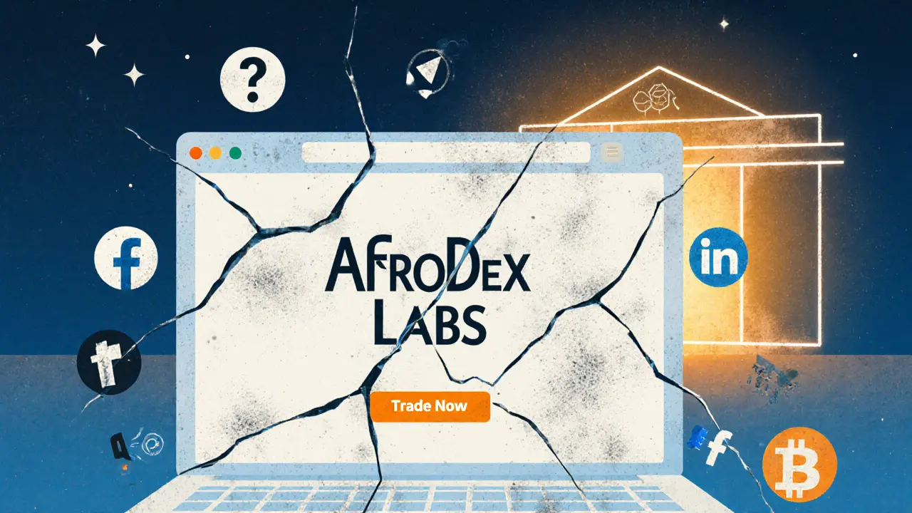 An outdated AfroDex website screen with broken buttons, contrasted by a thriving exchange in the distance.