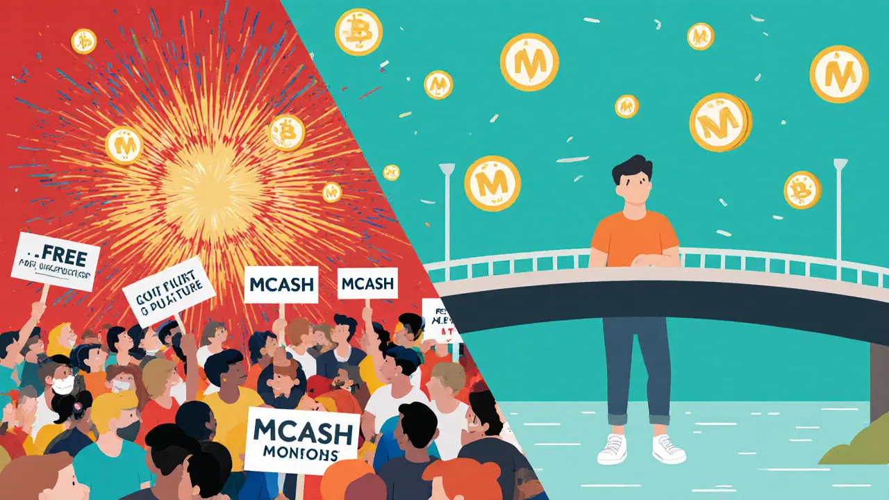 Contrast between chaotic fake airdrop hype and calm, legitimate anonymity mining usage.