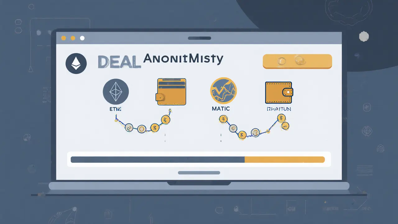 Minimalist dashboard showing private cross-chain transactions earning MCASH tokens slowly over time.