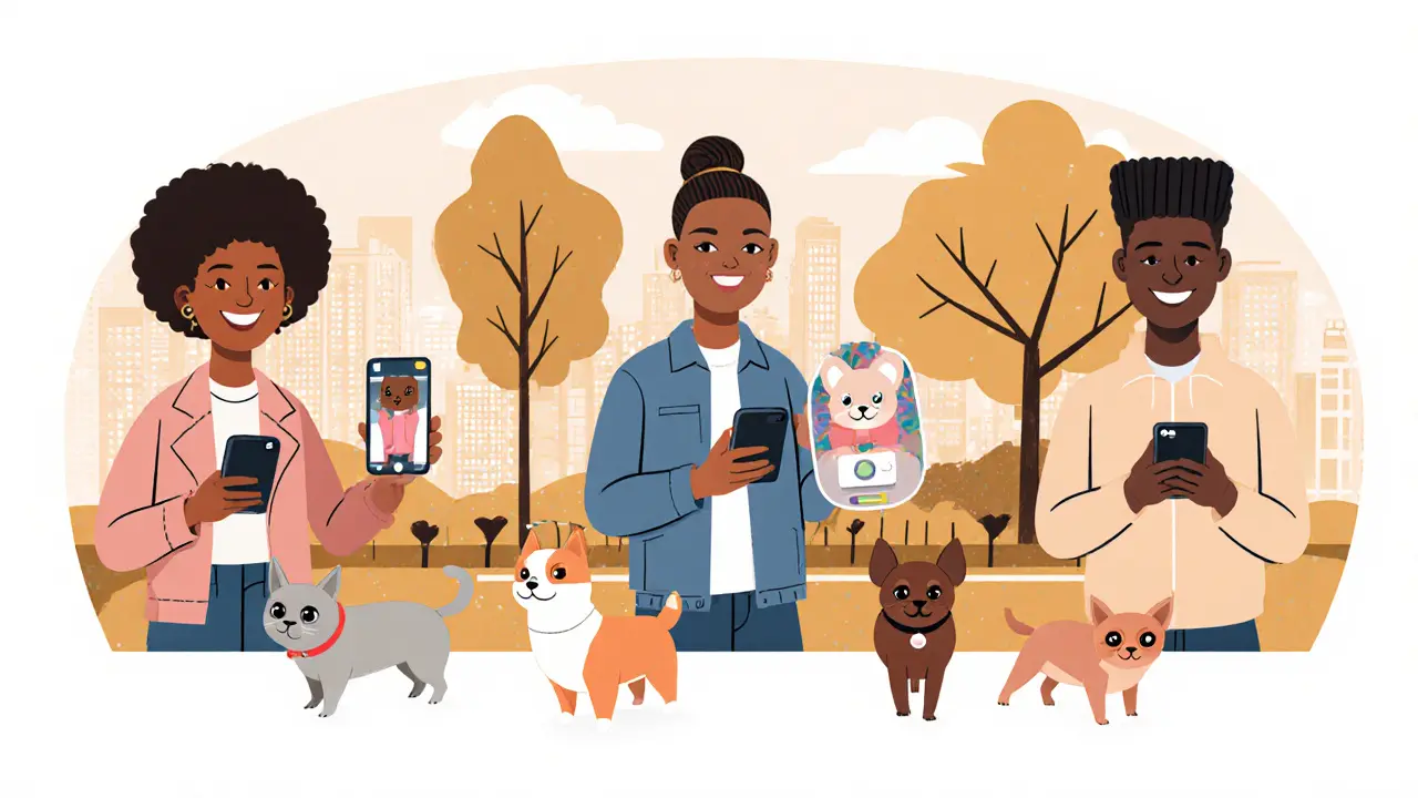 People walking, posting, and playing with unique AI-generated pet NFTs on their phones in a sunny park setting.