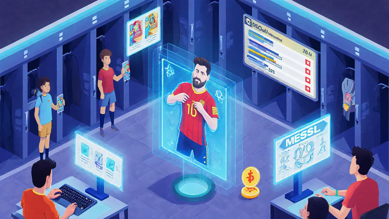 Player in a metaverse locker room wearing a jersey that turns into an NFT card, surrounded by fans playing and trading.