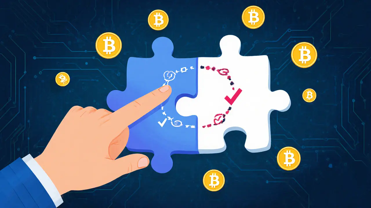User pointing to a puzzle piece splitting into optimal trade routes across Waves DeFi platforms.