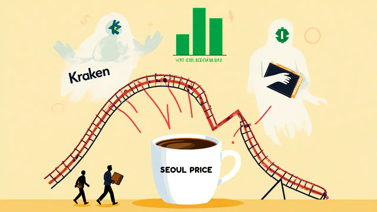 Crashing trading volume chart collapsing into a coffee cup, with users walking away from empty wallets.