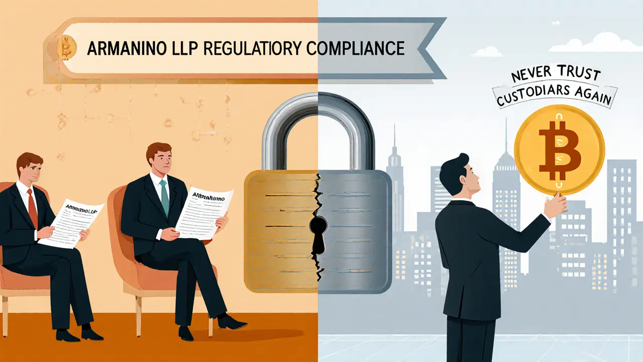 Institutional investors reviewing audits vs. a retail user rejecting custodians, separated in a digital city.