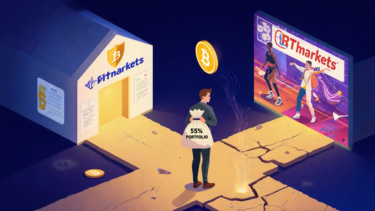 Investor at a crossroads choosing between a secure regulated exchange and a flashy but crumbling BITmarkets sign with a fading BTMT token.