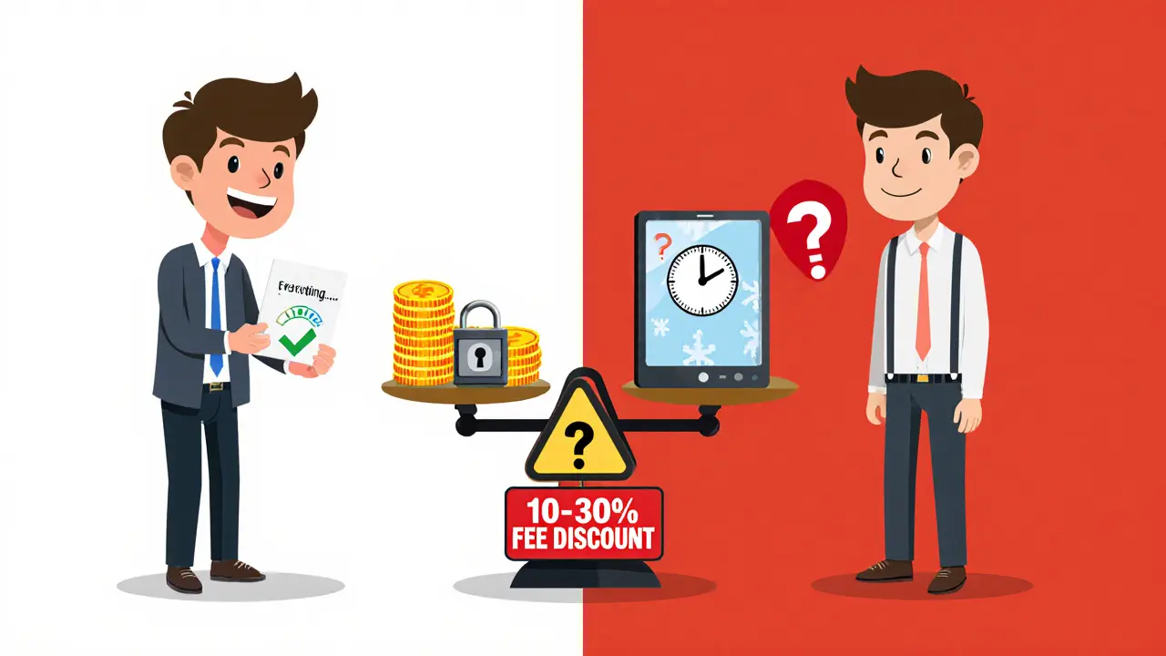 Split scene showing one trader getting a fast withdrawal and another stuck with a 7-day delay, with BTMT tokens and a locked vault on a scale.