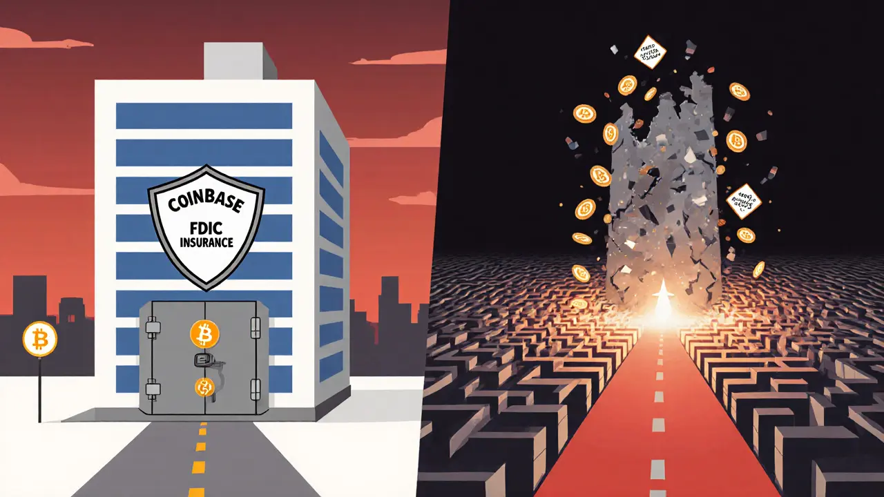 Two paths: one secure with Coinbase insurance, the other collapsing RenBridge with falling coins leading to Ethereum.
