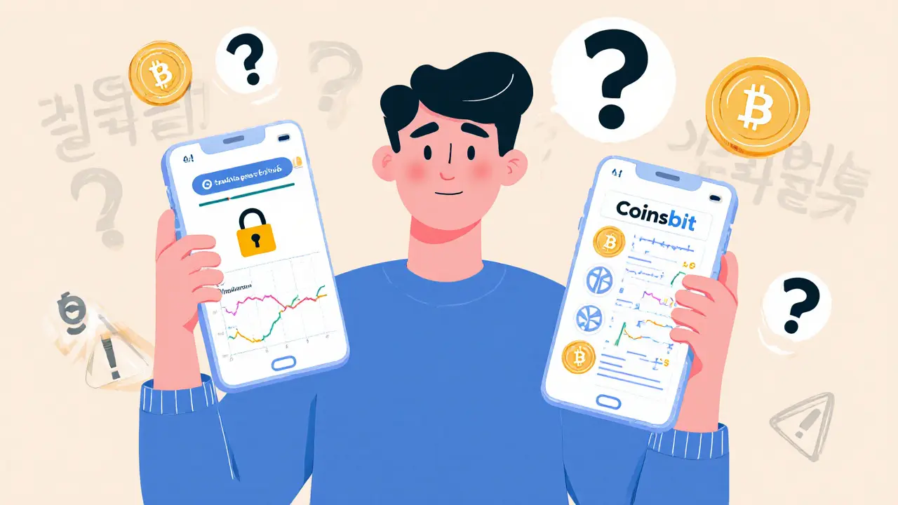 User confused between Coinbit and Coinsbit apps, surrounded by warning signs and question marks.
