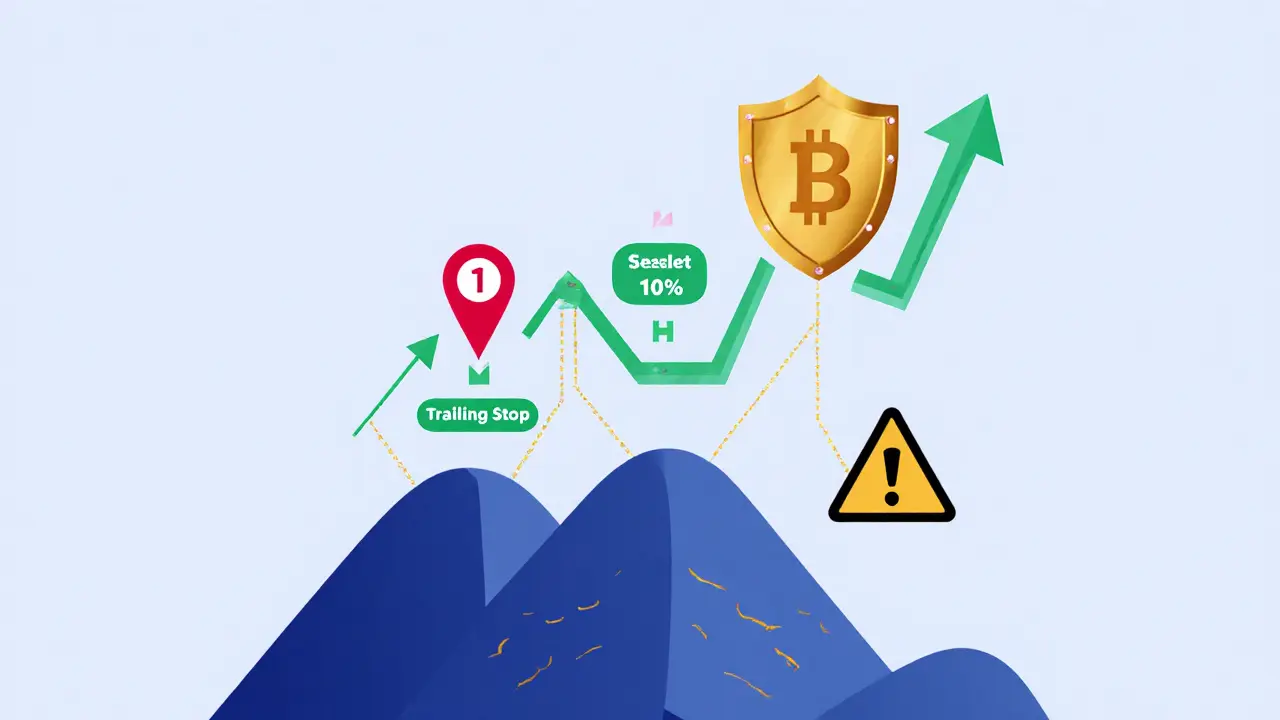 A risk ladder showing stop-loss and trailing stop activation as price rises in a flat illustration.