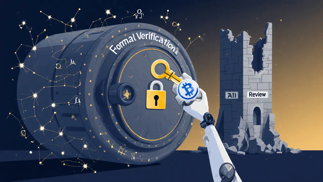 A secure vault with mathematical proofs locking a smart contract, while a failing AI review tower collapses behind it.