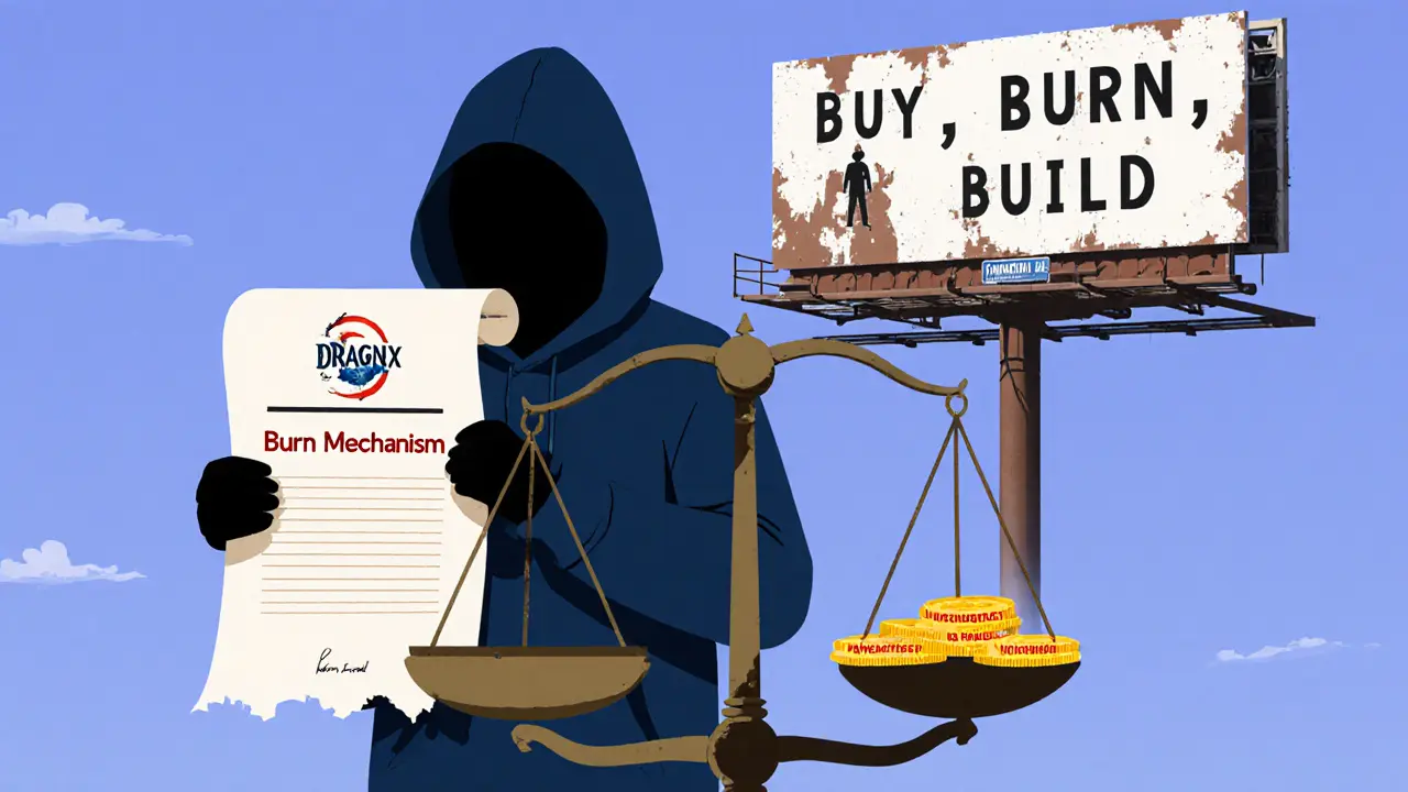A shadowy figure holds an unverified burn contract as fake coins weigh down a broken scale, with a fading &#039;Buy, Burn, Build&#039; billboard behind.