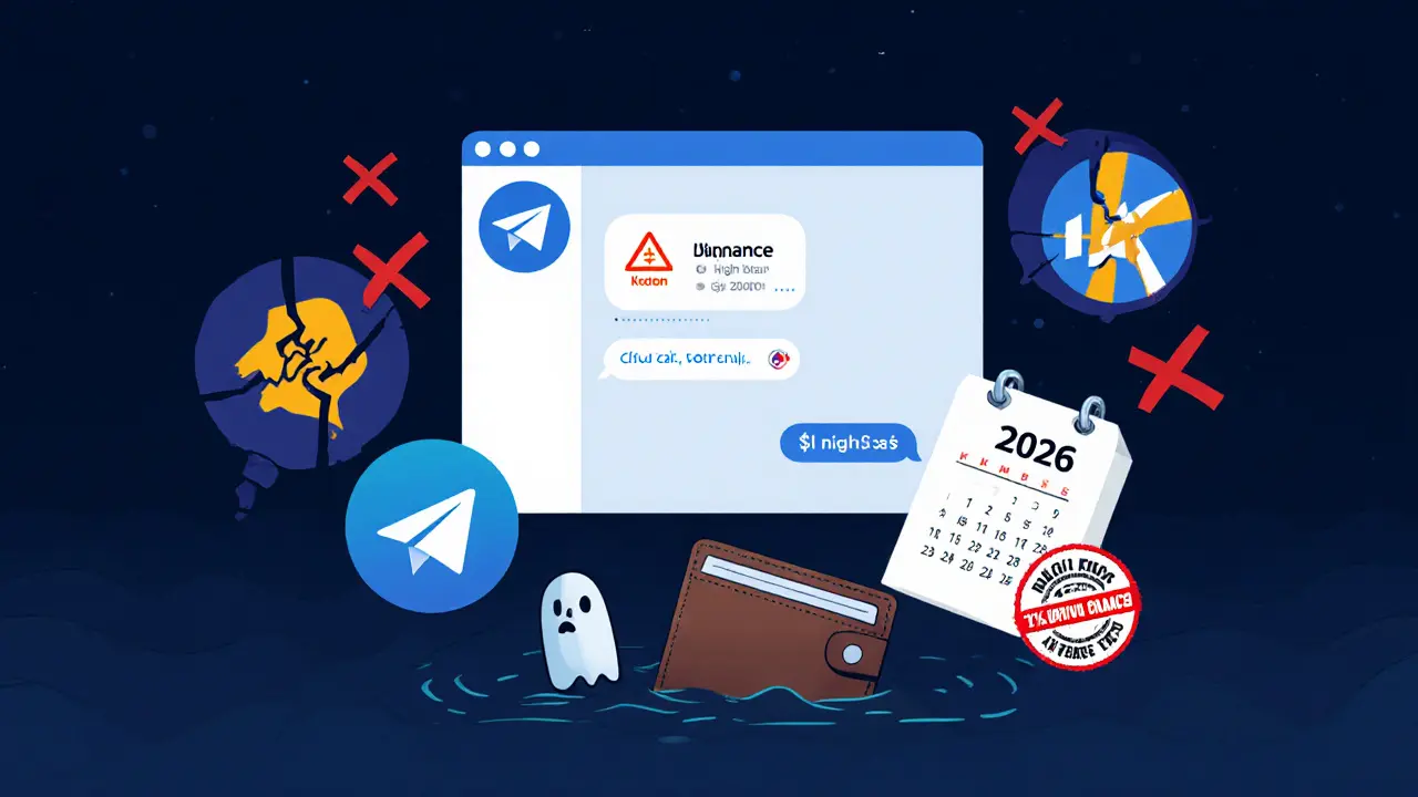 A silent Telegram chat with bot messages surrounds a tiny wallet with minimal balance, surrounded by banned exchange icons and a 12% survival warning.