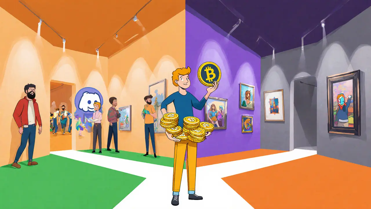 Creator holding both social tokens and an NFT, standing between community and gallery paths.
