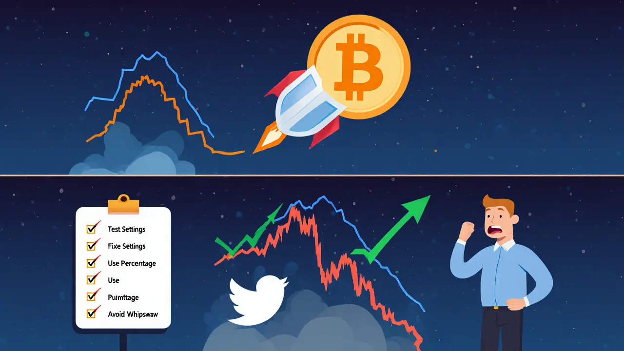 Split scene of a Bitcoin rally with trailing stop versus crash with early stop-loss trigger.