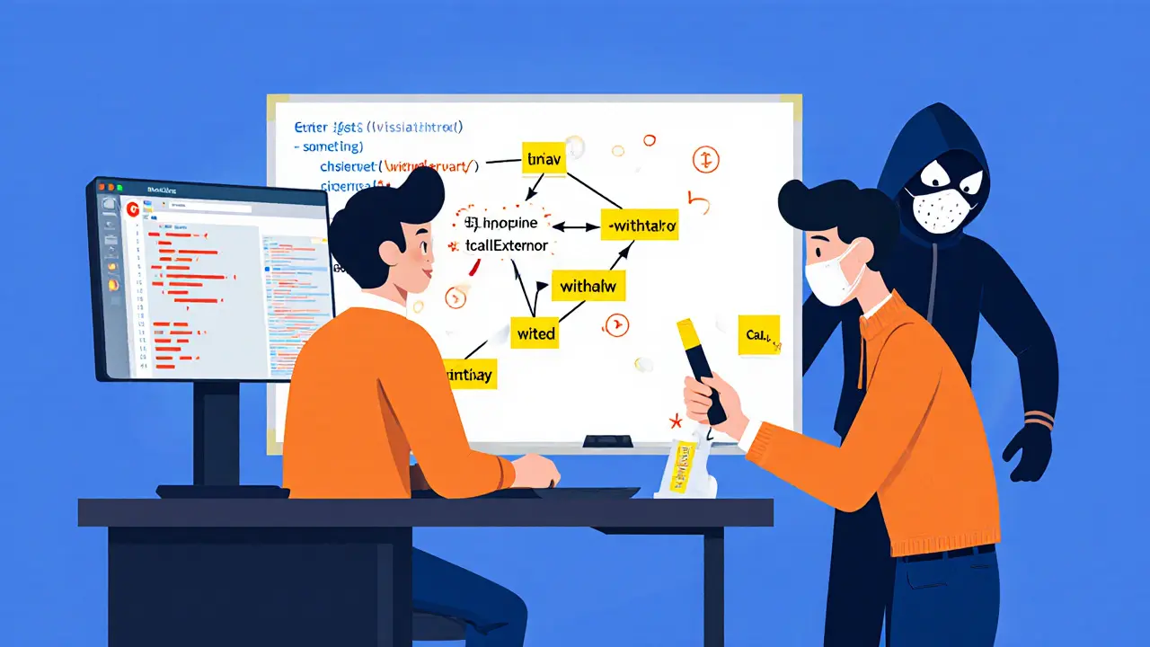 Two reviewers analyzing smart contract code on a whiteboard while an attacker tries to exploit a zero-value transaction.