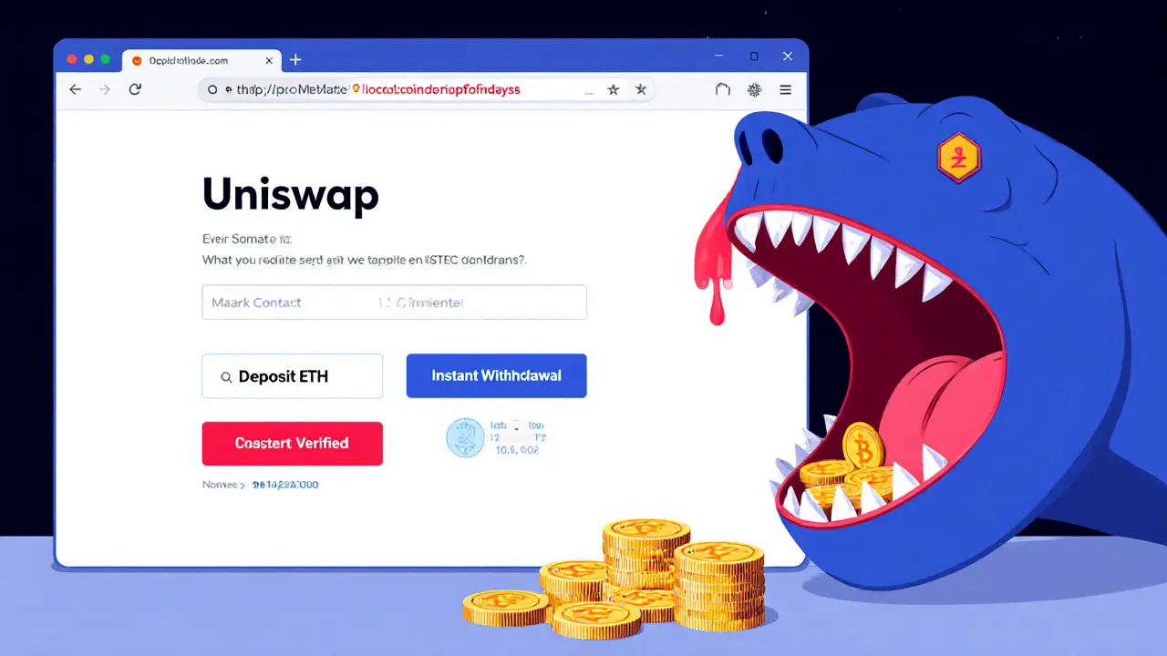 A fake crypto website draining coins from a wallet, with a deceptive domain name glowing red.