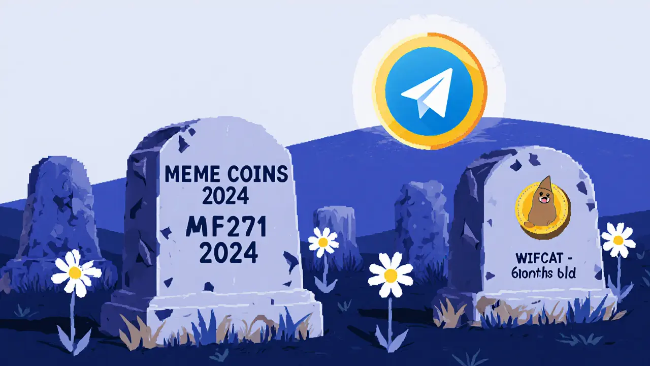 A graveyard of dead meme coins with WIFCAT&#039;s tombstone, beside a thriving Dogecoin on a distant hill.
