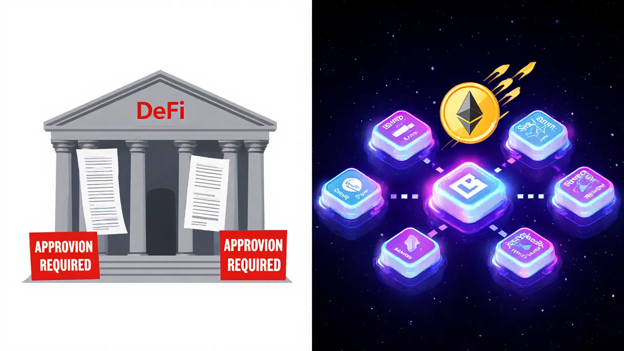 Contrast between slow traditional bank and fast, connected DeFi system.