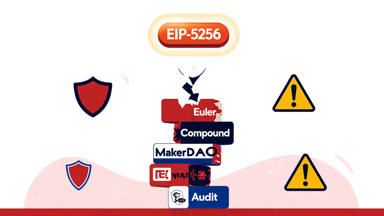 DeFi Jenga tower collapsing with emergency stop button above.