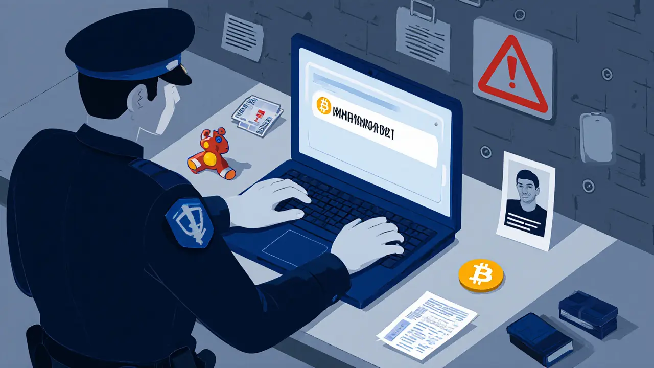 Police examine a seized laptop with a Bitcoin wallet open, surrounded by personal items like medical bills and a child&#039;s toy.