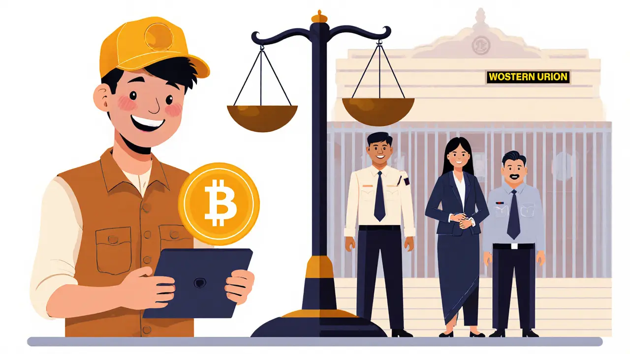 Split scene: a migrant sends crypto abroad while family in Nepal is arrested, contrasting freedom and punishment.