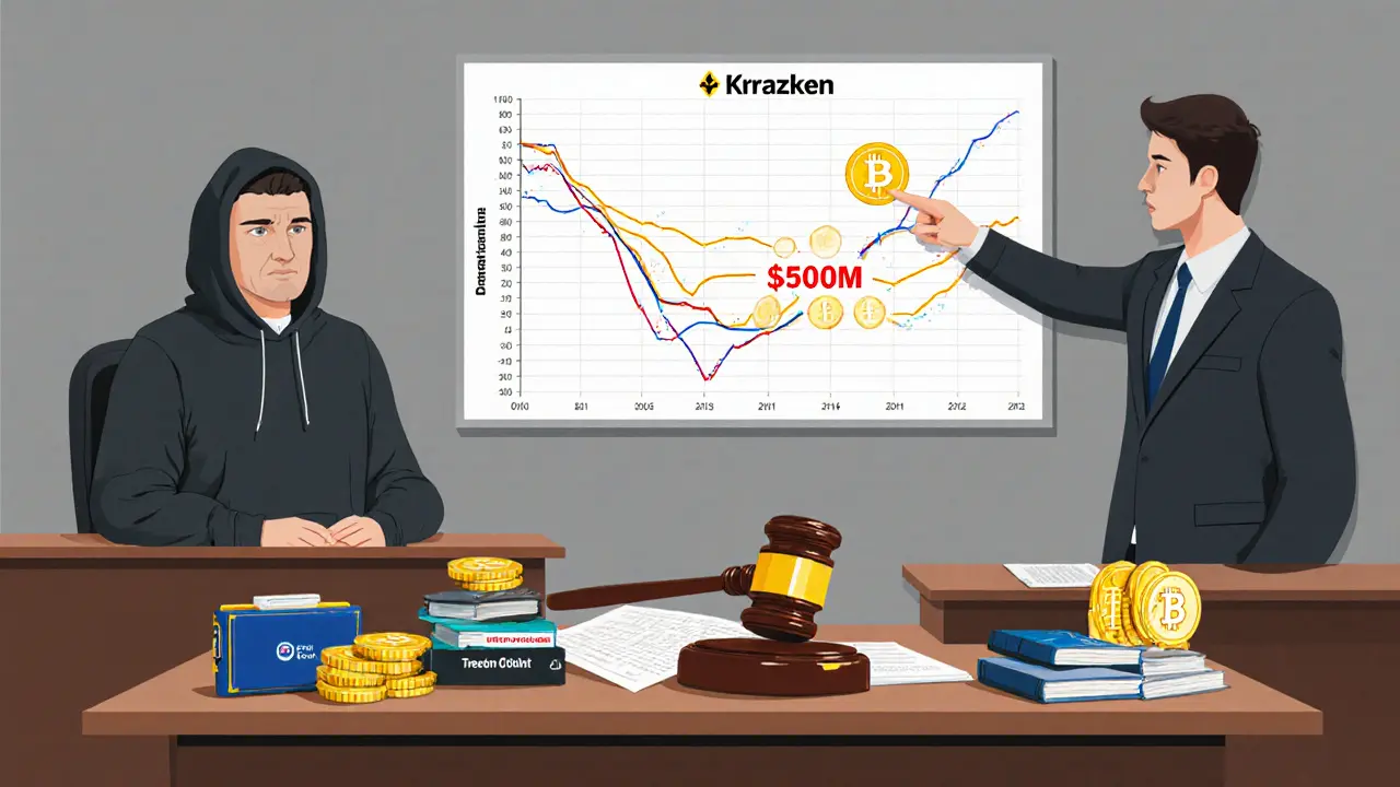 A courtroom scene with crypto assets and blockchain analysis chart, showing a legal case against money laundering.
