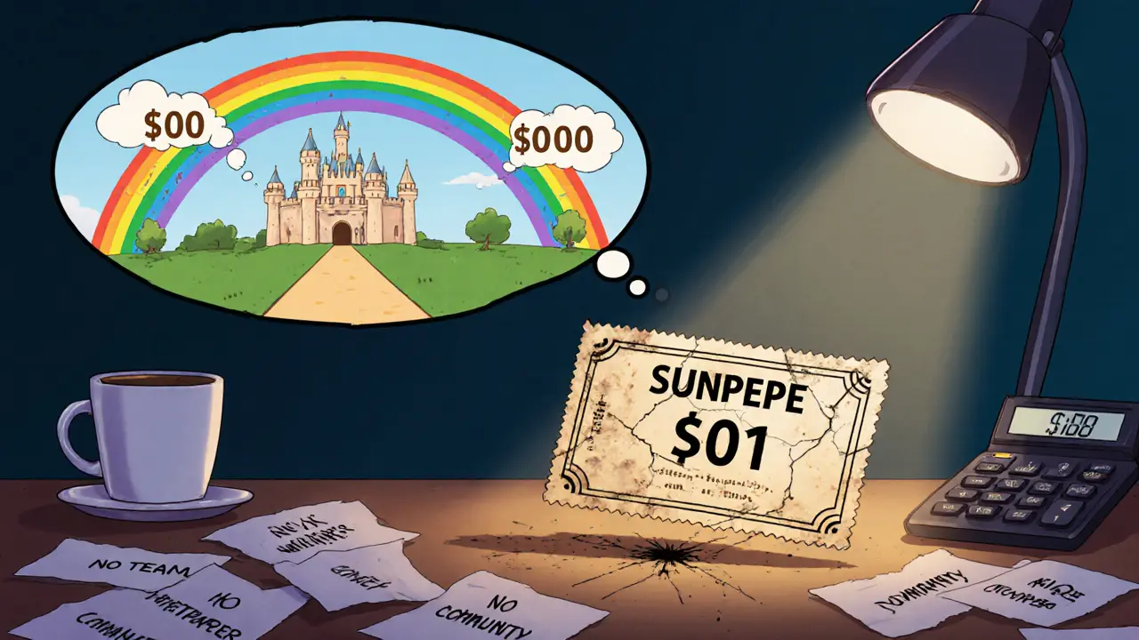 A cracked SUNPEPE lottery ticket lies on a desk next to a coffee cup, with a fading rainbow fantasy above.