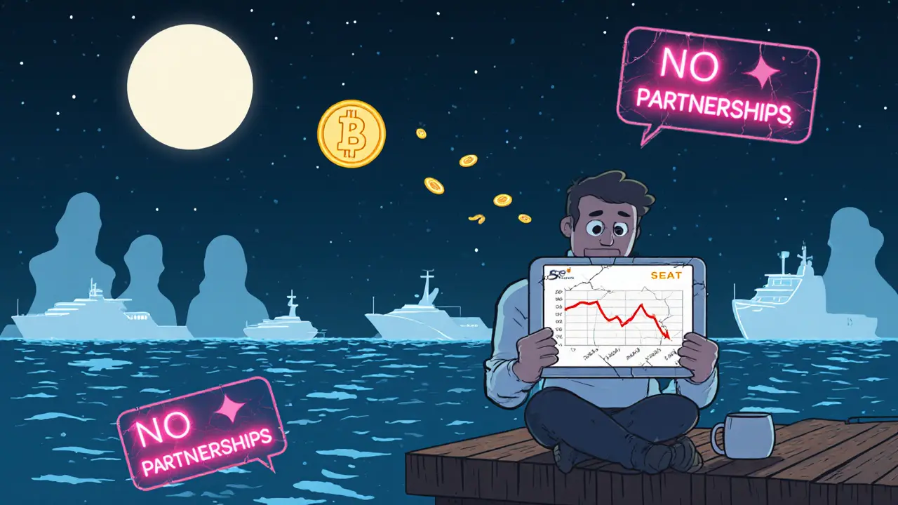 A lonely trader staring at a crashing SEAT price chart on a tablet at night.