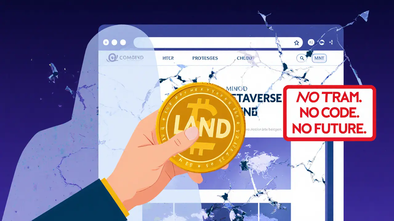 A person holding a LAND token in front of a crumbling website with a ghostly metaverse behind.