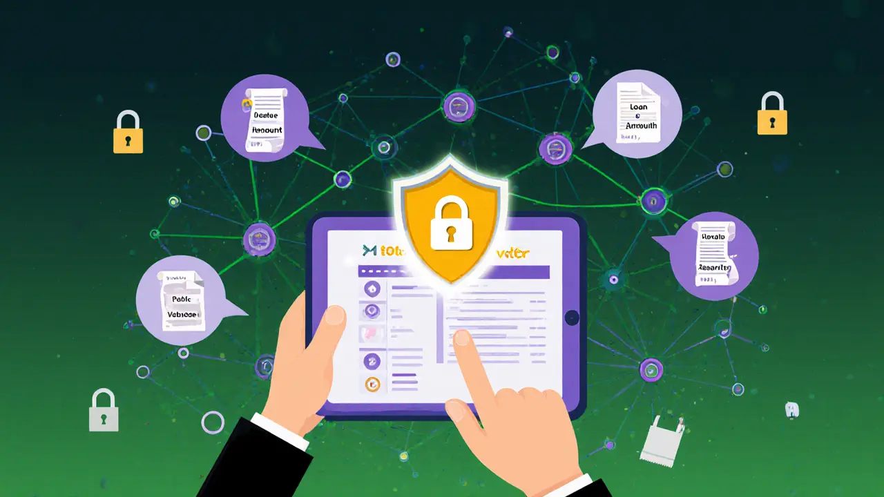 A person making a private crypto swap with shielded data bubbles labeled loan, medical, and vote.